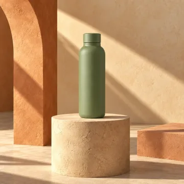 Green bottle on a round plinth with soft warm sunlight, generated by GPT Image