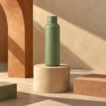 Green bottle on a tall stone plinth in a sunlit terracotta studio, generated by Grok Imagine 2