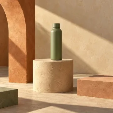 Green bottle with a wide view of the warm studio setting, generated by Nano Banana 2