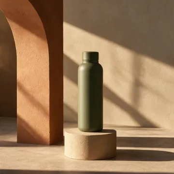 Green bottle on a low plinth with dramatic sunlight and shadows, generated by Seedream