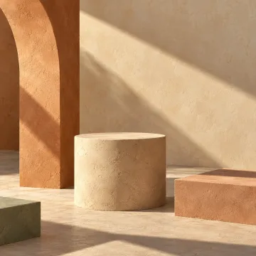 Warm terracotta studio with sculptural plinths and sunlight
